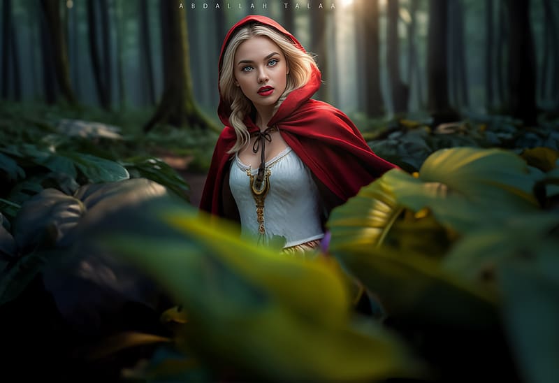 Red Riding Hood, fantasy, forest, red, blonde, girl, red reding hood, HD wallpaper