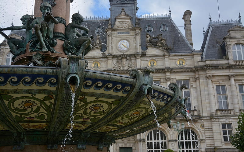 Limoges, France, building, sculptures, fountain, town hall, France, HD wallpaper