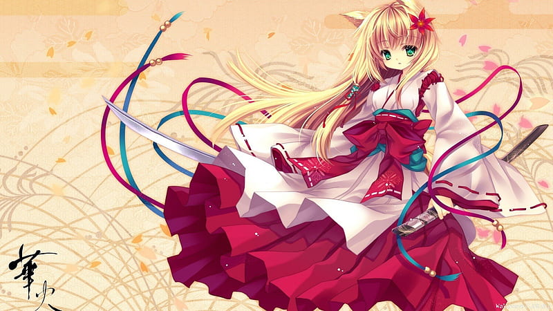 Samurai Girl, cute, sowrd, samurai, flowers, blonde hair, bow, kimono, HD  wallpaper | Peakpx