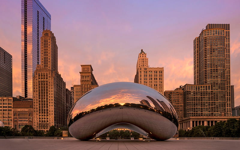 Cloud Gate, Chicago, public sculpture, Millennium Park, evening, skyscrapers, Illinois, USA, HD wallpaper