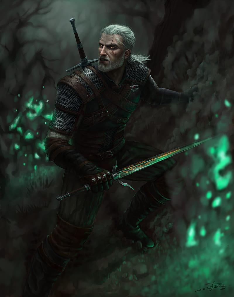white hair, fan art, Geralt of Rivia, video game art, The White Wolf, The Witcher, artwork, video game characters, The Witcher 3: Wild Hunt, forest, glowing eyes, digital art, HD phone wallpaper