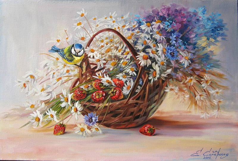 Elena Samarskaya . : Still-life with the titmouse. 2010 year., art, strawberry, oil, elena samarskaya, bird, basket, painting, flower, canvas, daisy, HD wallpaper
