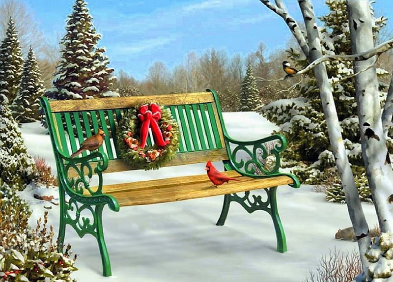 ★Holidays Park★, Christmas, wreath, holidays, New Year, love four seasons, birds, xmas and new year, winter, cardinals, parks, paintings, snow, benches, HD wallpaper
