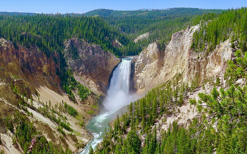 Yellowstone Falls, USA, rocks, waterfall, America, National Park, HD wallpaper