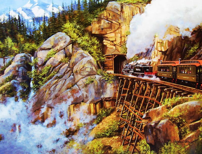 Climb to the White Pass, rocks, locomotive, train, painting, steam, artwork, HD wallpaper