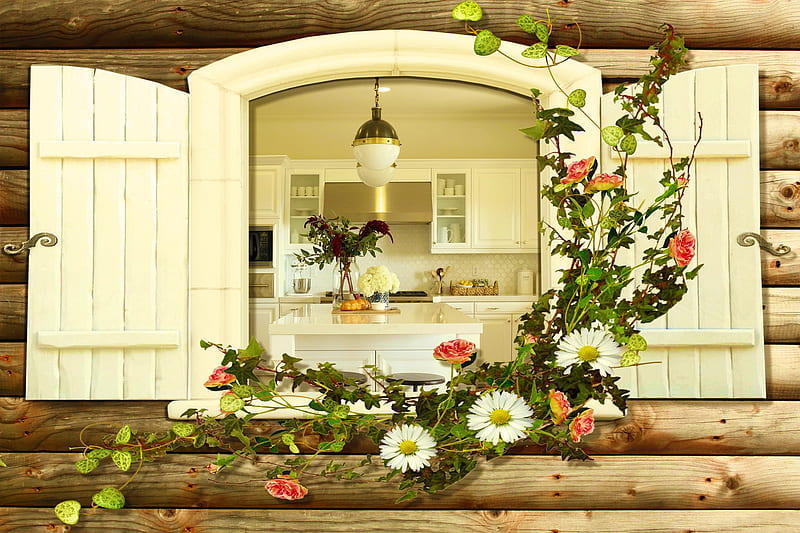 Country Kitchen in Spring, Kitchen, Potoshop, Country, Log, Cabin, Cottage, HD wallpaper