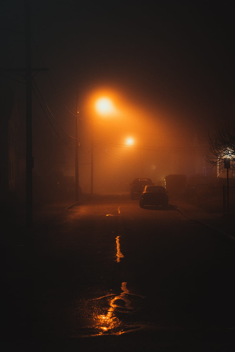 street, night, fog, light, mist, HD phone wallpaper