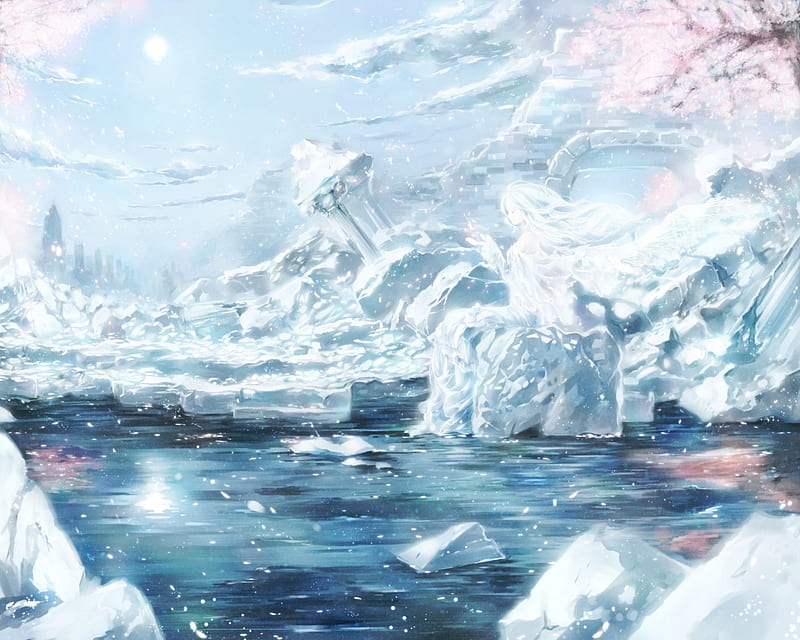 Ice world, water, anime, ice, clouds, landscape, HD wallpaper