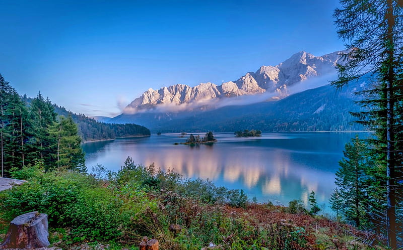 Lake Eibsee, Bavaria, Alps, forest, bonito, trees, lake, islets, sunrise, blue sky, Germany, morning fog, tranquility, snowy peaks, HD wallpaper