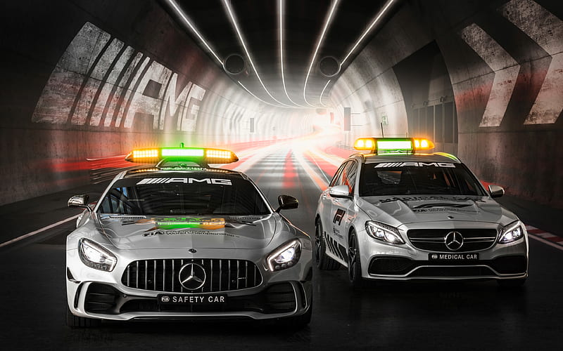 Mercedes-AMG GT R F1 Safety Car, Mercedes-AMG C 63 S Estate Formula 1, 2018 cars, front view, F1 Safety Cars, FIA F1 Medical Car, F1, Mercedes-AMG GT R, Mercedes, HD wallpaper