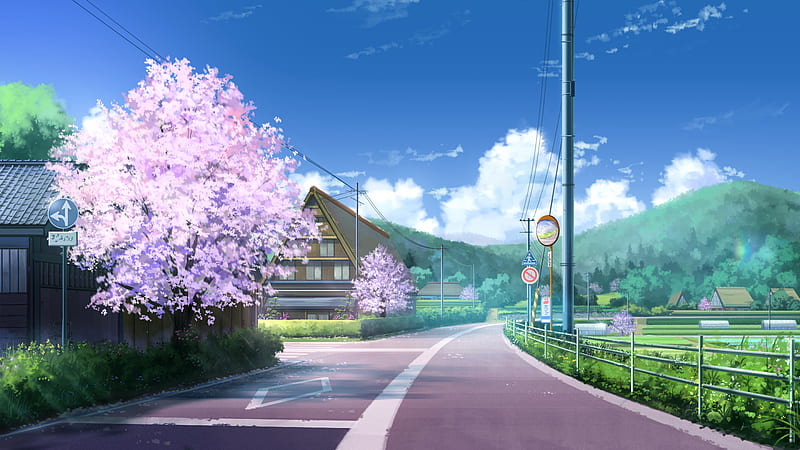 cherry blossom, anime landscape, scenic, street, sky, Anime, HD wallpaper
