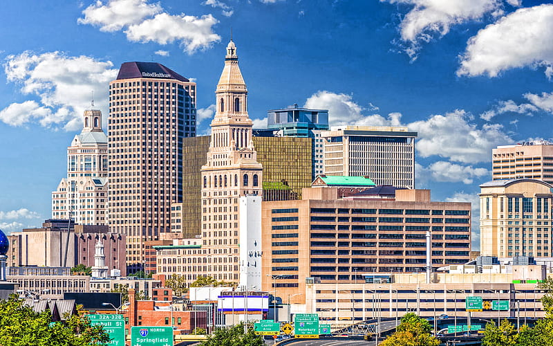 Hartford, evening, Travelers Tower, Goodwin Square, City Place I, Hartford cityscape, Hartford skyline, Connecticut, USA, HD wallpaper
