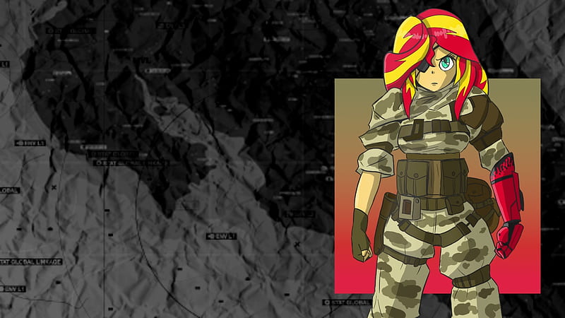 Big Boss Sunset Shimmer, Sunset Shimmer, mlp, Metal Gear Solid, Metal Gear Solid V, My Little Pony, Scarf, TV Series, Map, Cool, Awesome, Cartoons, Girl, Woman, sfw, Equestria Girls, Camouflage, Rainbow Rocks, Video Games, My Little Pony Friendship is Magic, Konami, Movie, Long hair, Eyepatch, Big Boss, Friendship Games, HD wallpaper