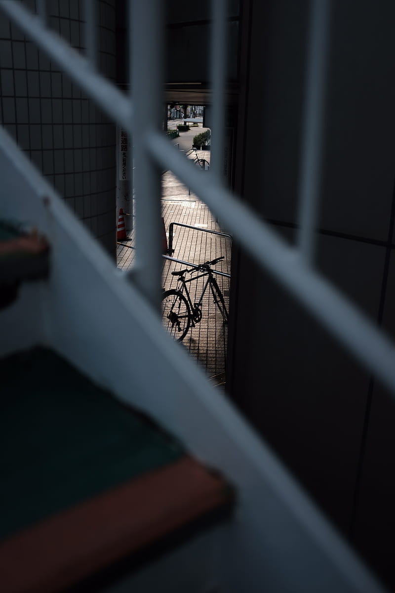 bicycle, staircase, dark, building, HD phone wallpaper