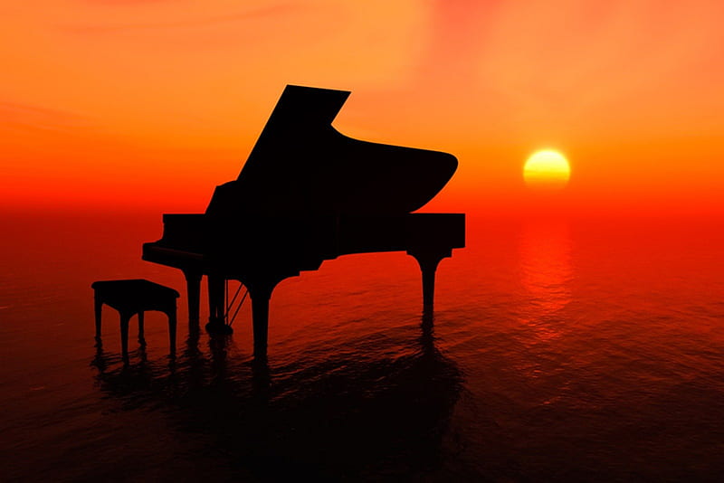 Piano on sunset, Piano, sun, seashore, music, sunset, HD wallpaper