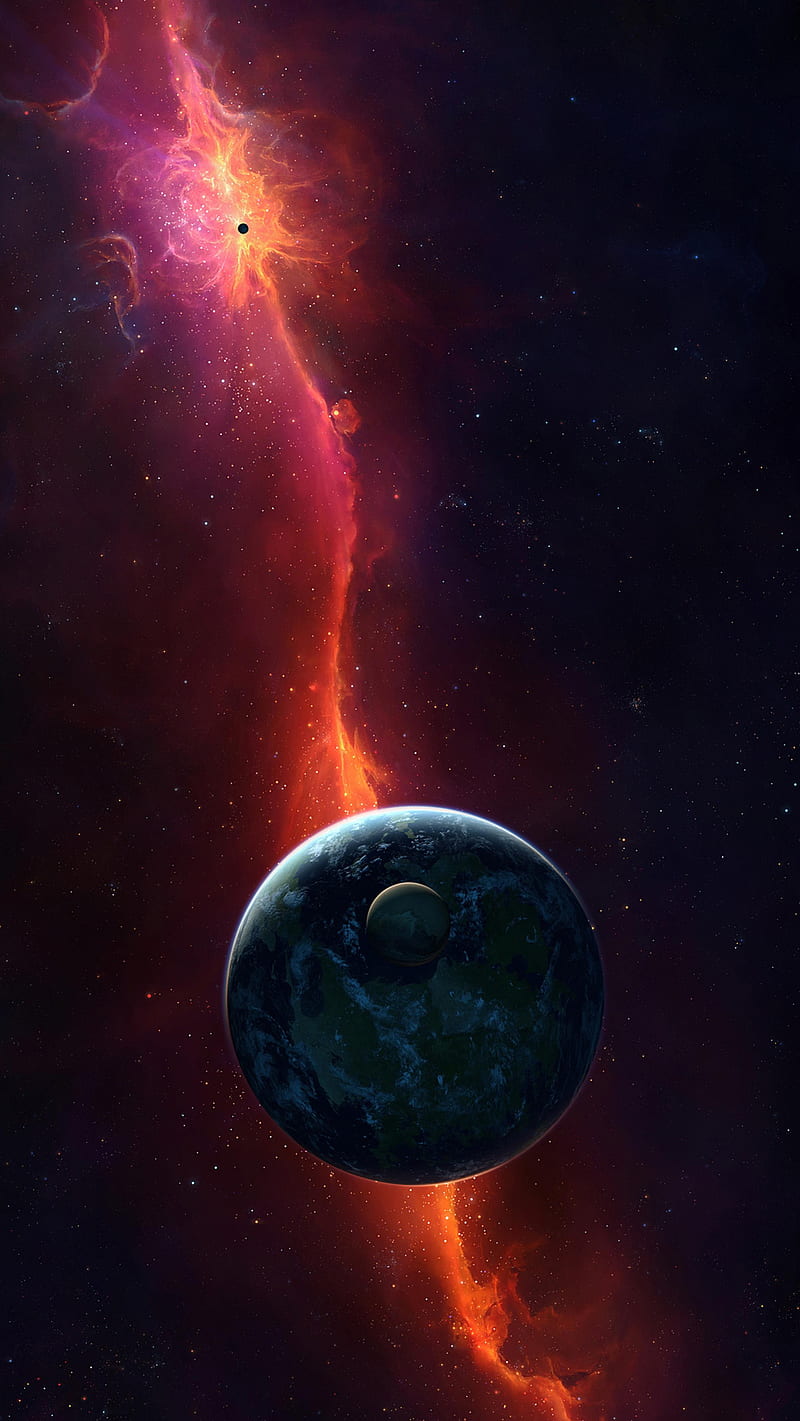 Outer space, nebula, planet, red, sci fi, HD phone wallpaper