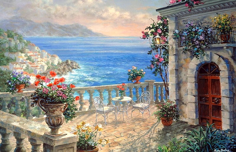 Mediterranean Elegance, villages, oceans, love four seasons, attractions in dreams, sea, hotels, paintings, summer, flowers, seaside, nature, HD wallpaper