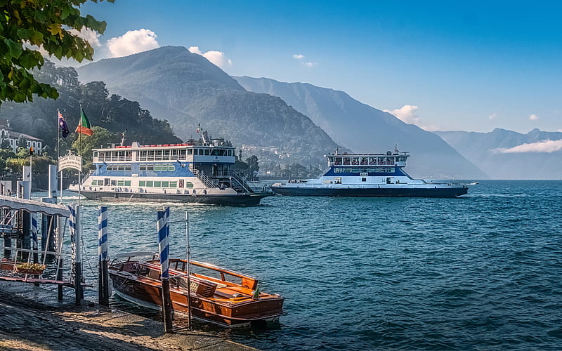Como Lake, beautiful lake, steamboats, summer, mountain landscape, Bellagio, Italy, HD wallpaper