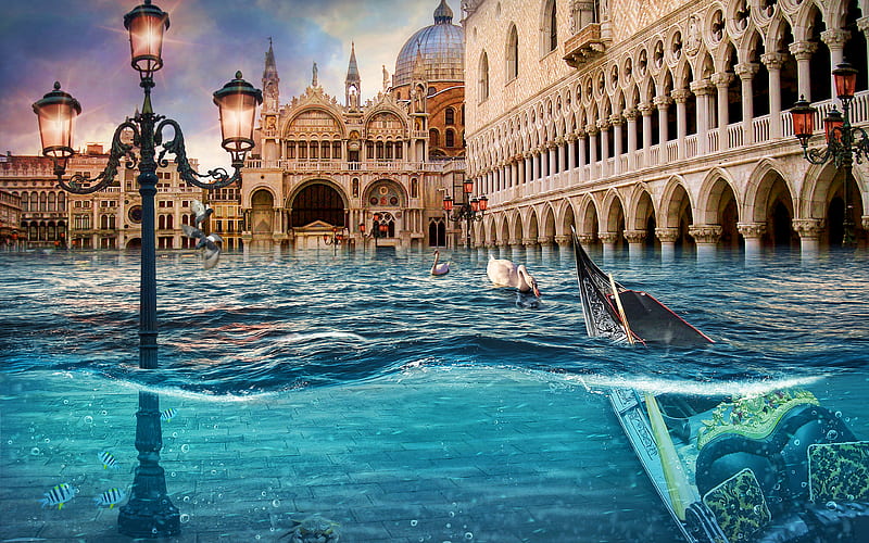 Flooded Venice R, deluge, artwork, cataclysm, Italy, Europe, italian cities, Venice, HD wallpaper