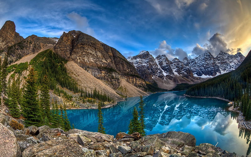 Splendor, view, Moraine Lake, trees, sky, clouds, lake, Canada, mountains, peaceful, nature, reflection, landscape, HD wallpaper