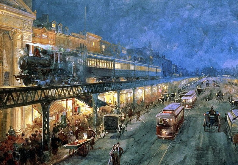 The Bowery at Night, victorian, artwork, coaches, horses, tram, train, restaurant, people, painting, HD wallpaper