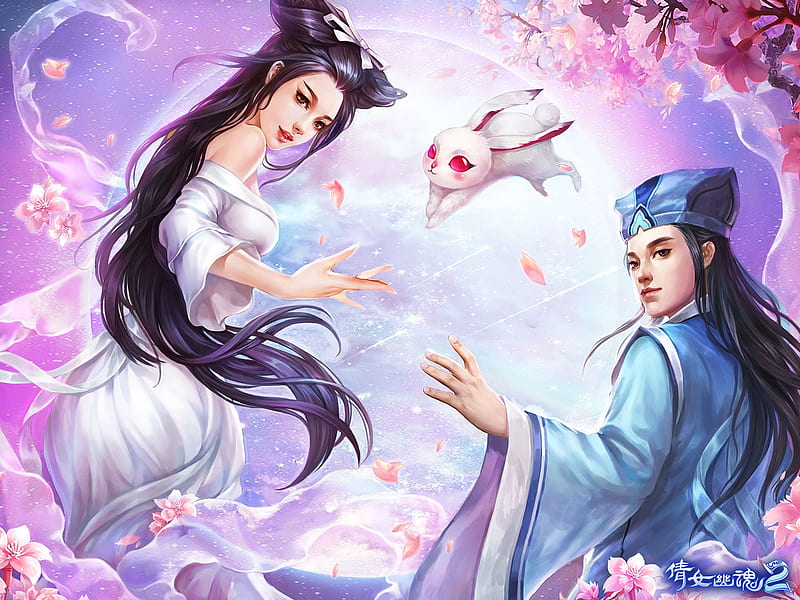 Fantasy couple, luminos, game, man, spring, fantasy, girl, asian, bunny, petals, pink, couple, creature, blue, HD wallpaper