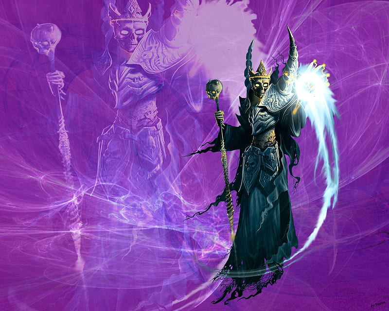 The purple keeper, magick, staff, skeleton, fantasy, cool, bright light, magic, HD wallpaper