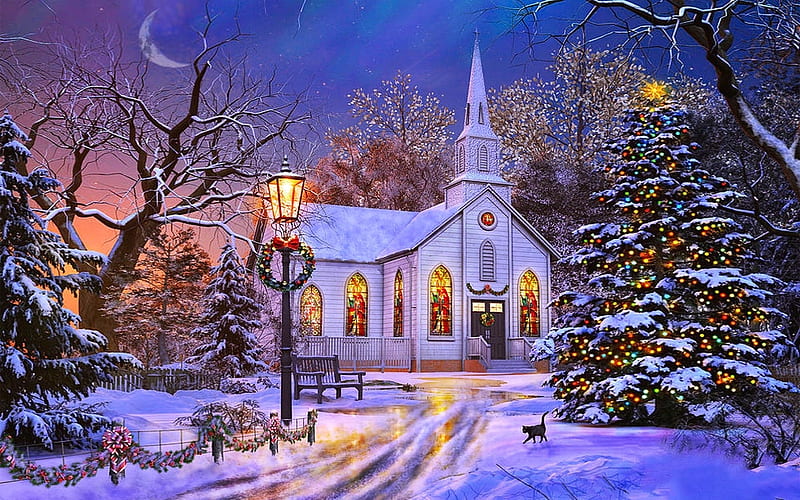 Old Church at Christmas, rural, Lamp post, holidays, christmas, stained glass, buildings, religious, Sunset, winter, snow, Church, digital, HD wallpaper