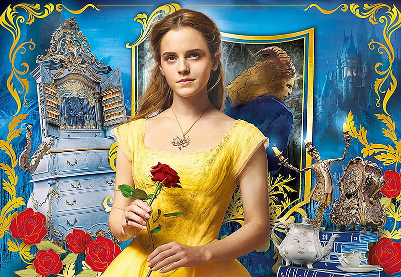 Beauty and the Beast, dress, rose, movie, yellow, belle, Emma Watson, girl, actress, princess, disney, blue, HD wallpaper
