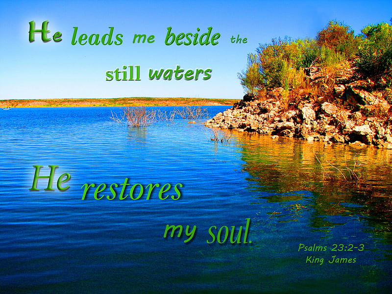 He Restores My Soul, stone, lake, rocks, water, sunlight, Bible, bushes, HD wallpaper