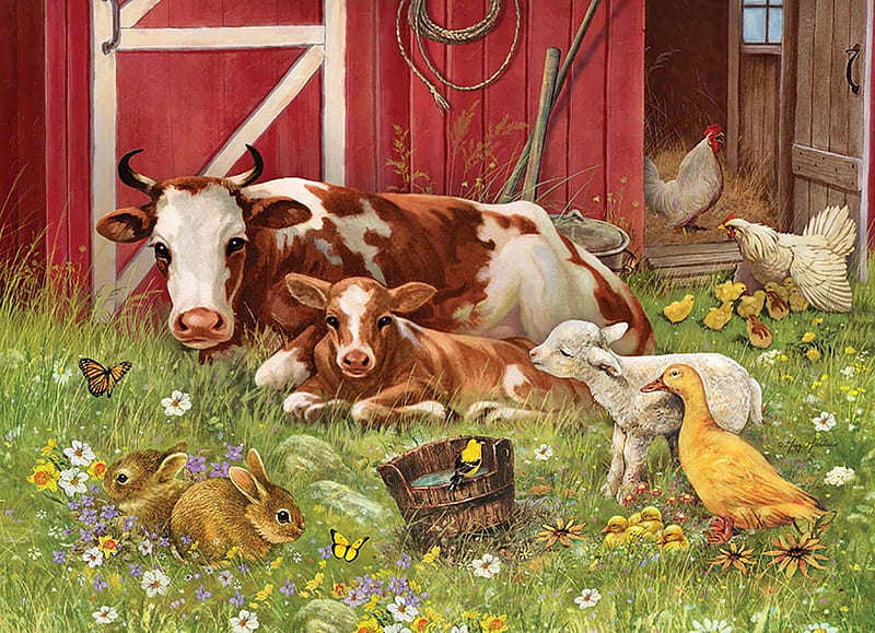 Barnyard Babies, yardmred, warehouse, chicken, ducks, babies, puzzle, barn, cows, HD wallpaper