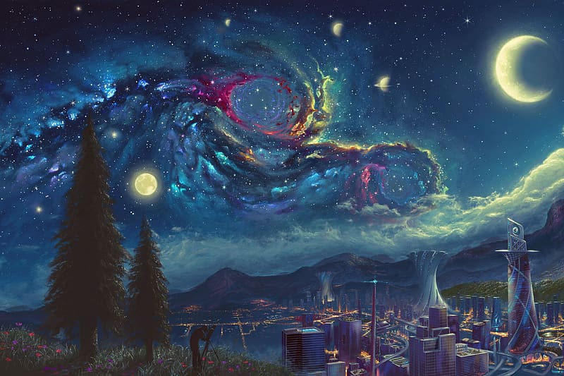 Landscape, Sky, Moon, City, Sci Fi, HD wallpaper