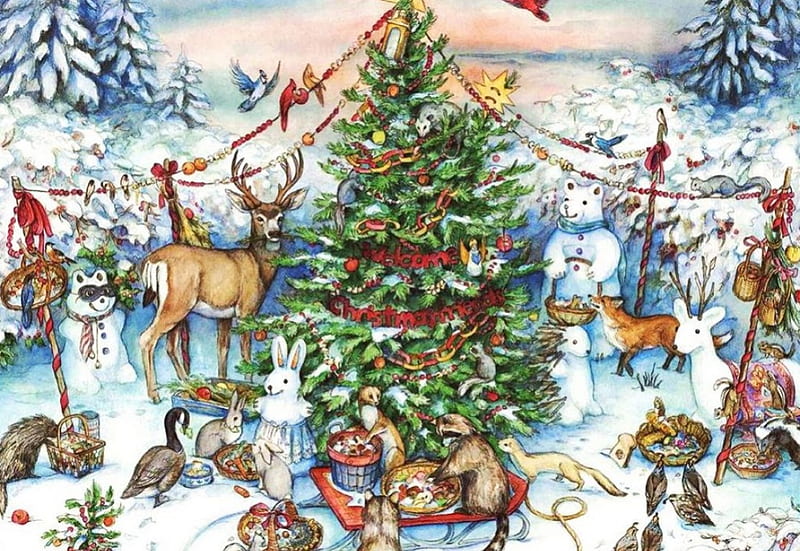 Christmas Guests, rabbit, squirrel, birds, raccoon, artwork, deer ...
