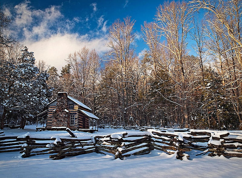 Winter at Cades Cove, Smoky Mountains, cabin, snow, Tennessee, forest, sky, trees, HD wallpaper
