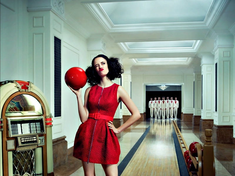 Eva Green, red, model, creative, woman, situation, girl, actress, bowling, HD wallpaper