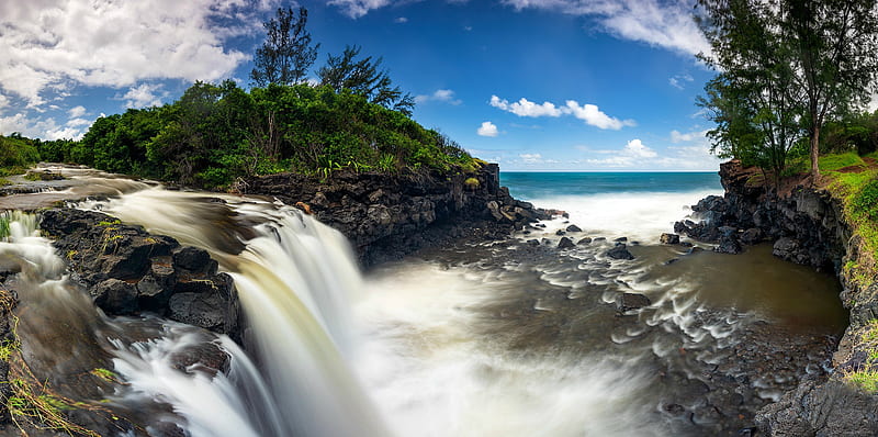 Waterfall on Reunion Island, Indian Ocean, waterfall, island, nature, ocean, HD wallpaper