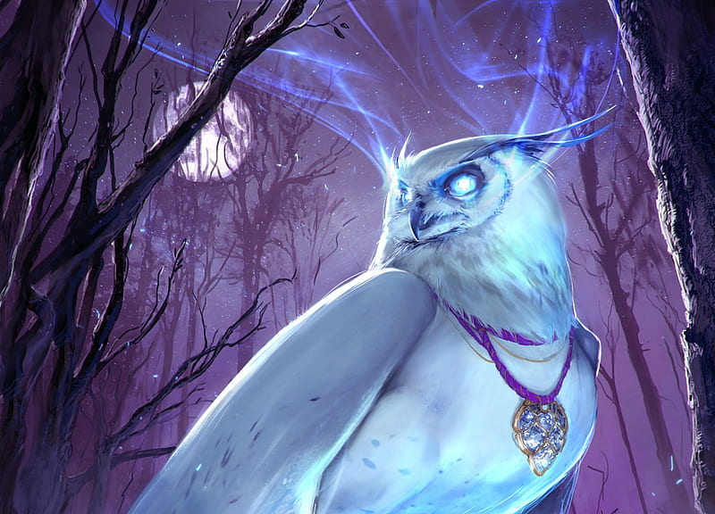 Magical owl, owl, magdalena radziej, moon, luminos, pasare, pendant, fantasy, moon, bufnita, purple, bird, blue, night, HD wallpaper