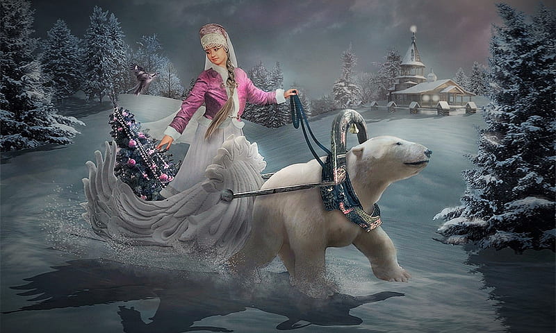 Polar Bear Express, sleigh, Polar bear, holidays, christmas tree, girl, Fantasy, winter, snow, HD wallpaper