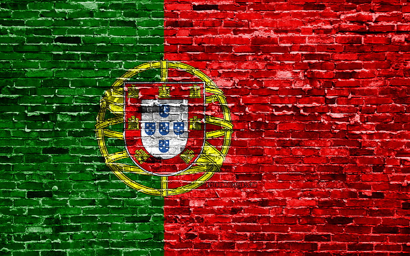 Portuguese flag, bricks texture, Europe, national symbols, Flag of Portugal, brickwall, Portugal 3D flag, European countries, Portugal, HD wallpaper