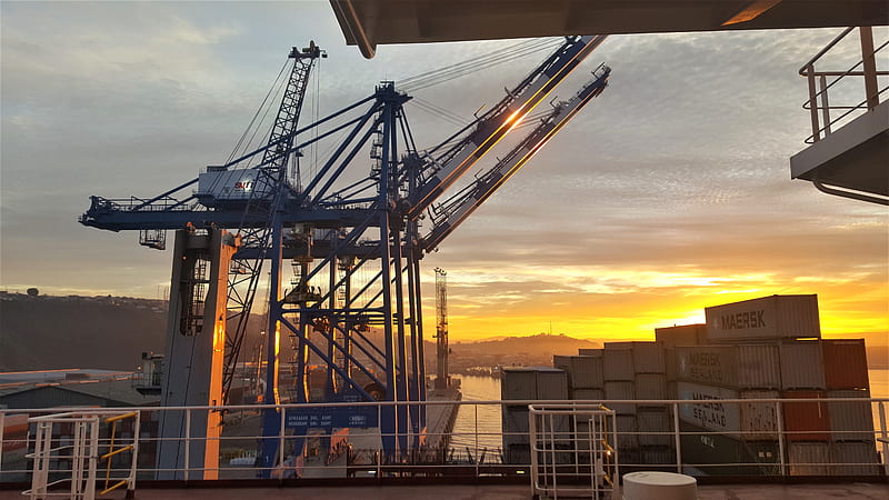 Cranes, bonito, container, crane, lanscape, port, ship, sunset, HD wallpaper