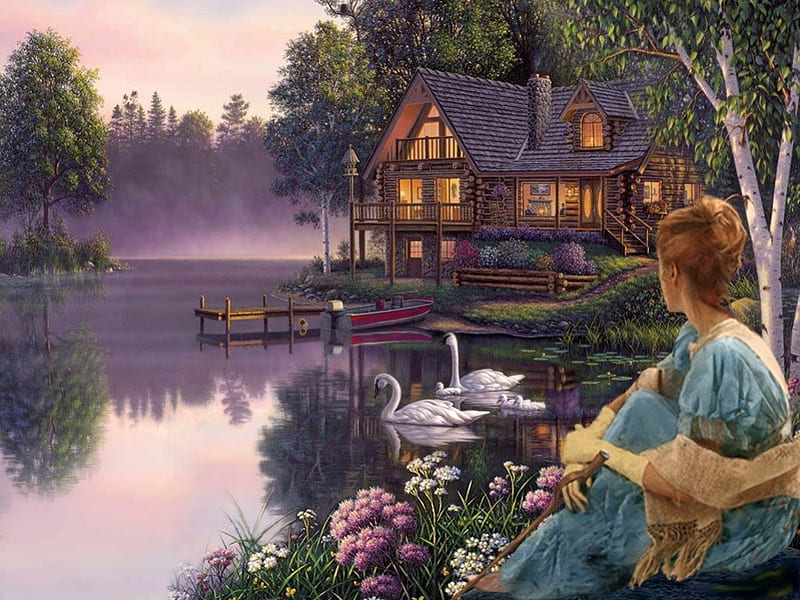 Wonderous story, colorful, house, cottage, bonito, magic, swan, painting, evening, lovely, romantic, romance, colors, best place, lake, girl, peaceful, nature, white, landscape, HD wallpaper