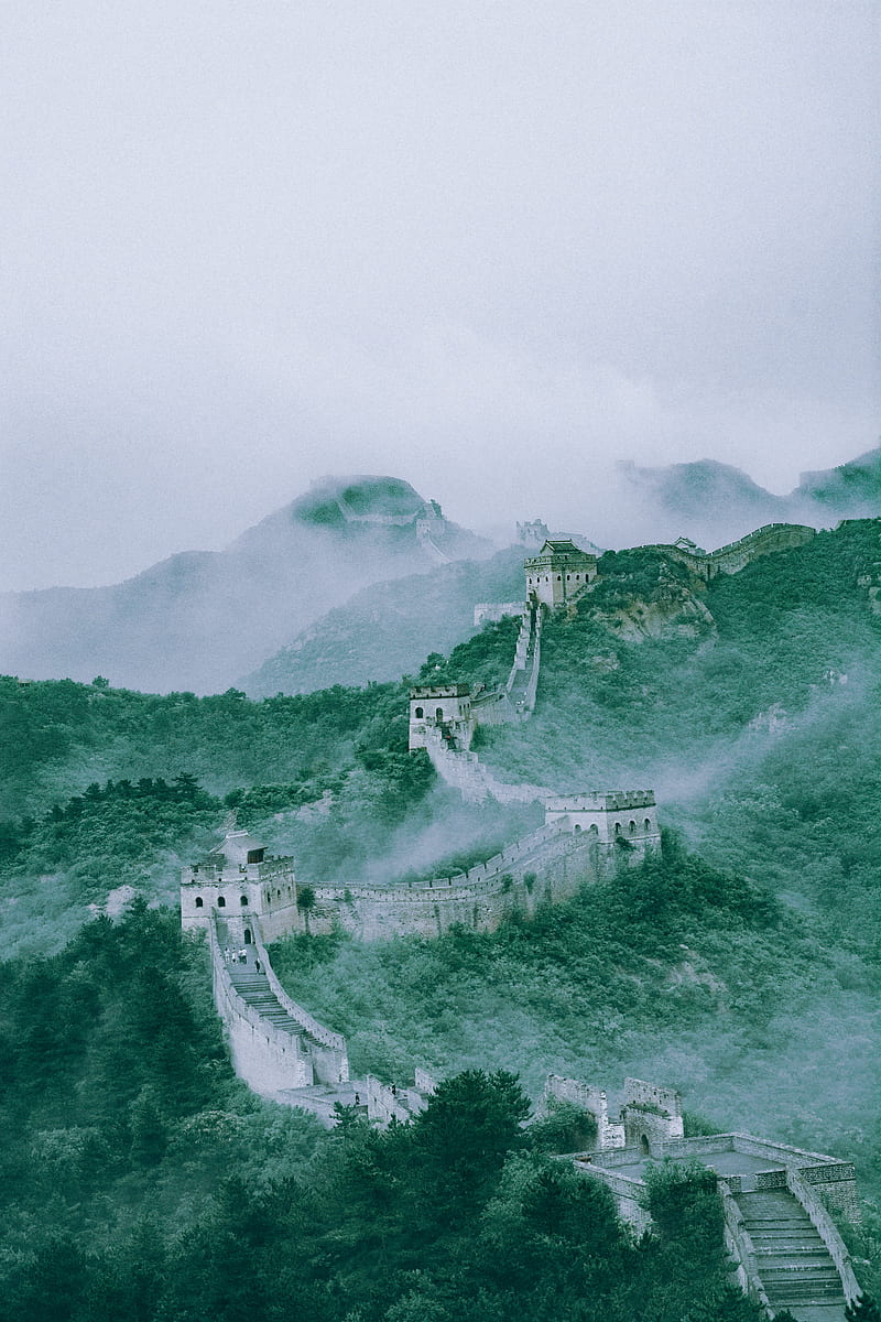 mountains, fog, wall, building, aerial view, HD phone wallpaper