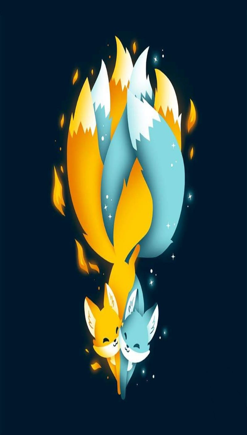Fire and Ice Foxes, cute, fire, fox, ice, HD phone wallpaper