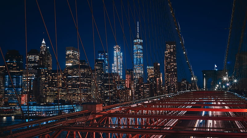 New York's Brooklyn Bridge at Night, Cityscapes, Nights, Skyscrapers, Architecture, Bridges, Lights, Nature, HD wallpaper