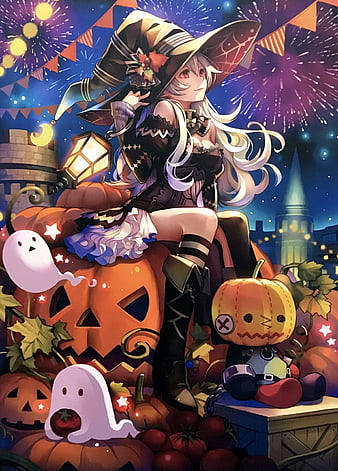 HAPPY HALLOWEEN~~☆ anime art. . .halloween costume. . .neko. . .cat girl. .  .cat ears. . .cat tail. . .pumpkin. . .jack o lante… | Anime halloween,  Anime, Anime art