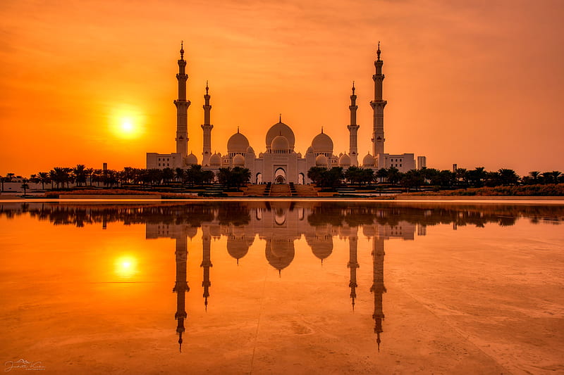 Mosques, Sheikh Zayed Grand Mosque, Abu Dhabi, Architecture, Reflection, Sunset, United Arab Emirates, HD wallpaper