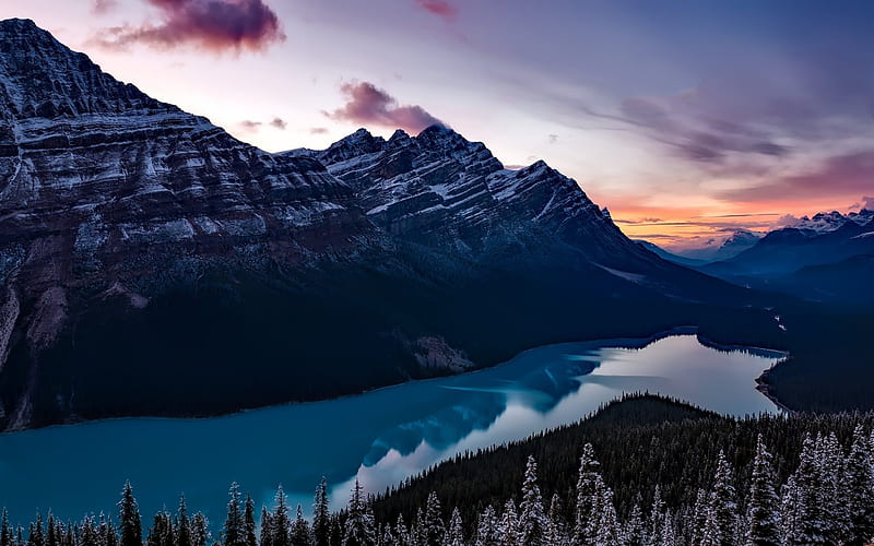 Peyto Lake, mountains, sunset, Banff National Park, Alberta, Canada, HD wallpaper
