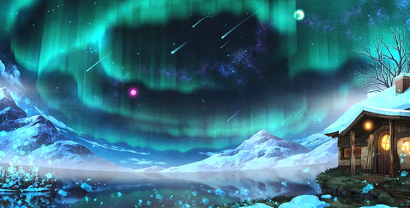 Anime, Landscape, Night, Snow, Mountain, House, Aurora Borealis, Original, Shooting Star, HD wallpaper
