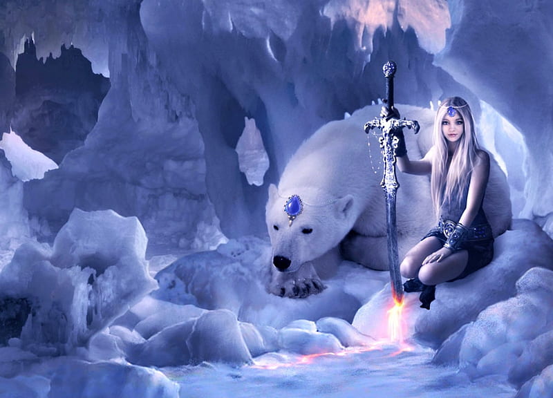 Ice Queen, elenadudina, art, woman, winter, fantasy, girl, snow, polar bear, blue, HD wallpaper