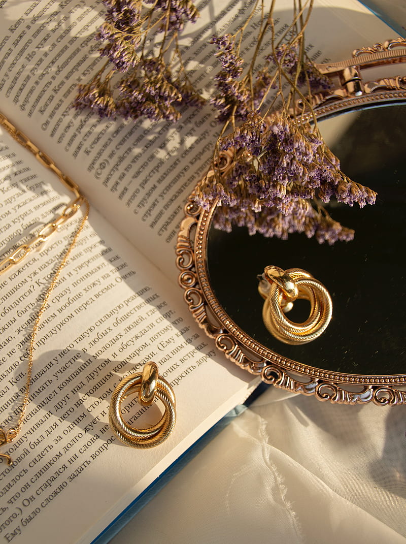 Book, mirror, flowers, earrings, gold, aesthetics, HD phone wallpaper |  Peakpx
